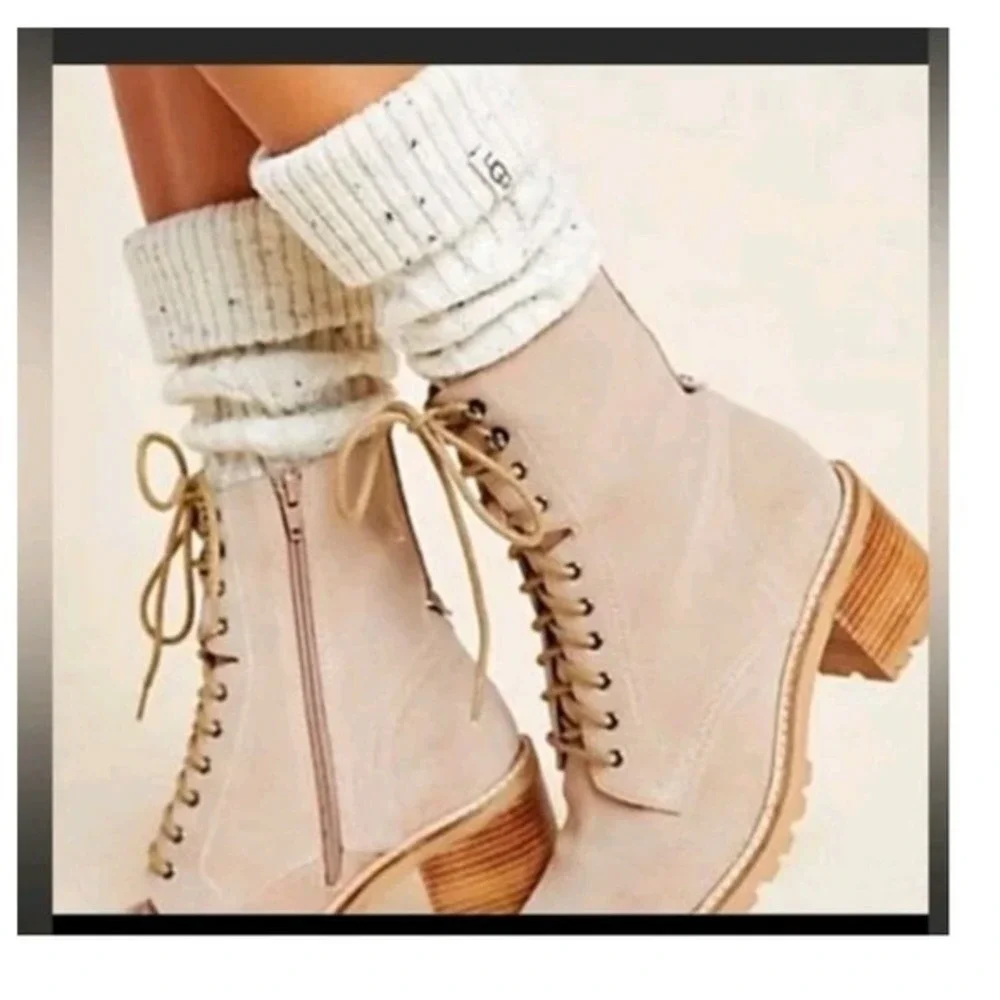 UGG Laila Tall Cable Knit Socks Cream Speckle Fold Over Cuff  Boot Socks‎  LG